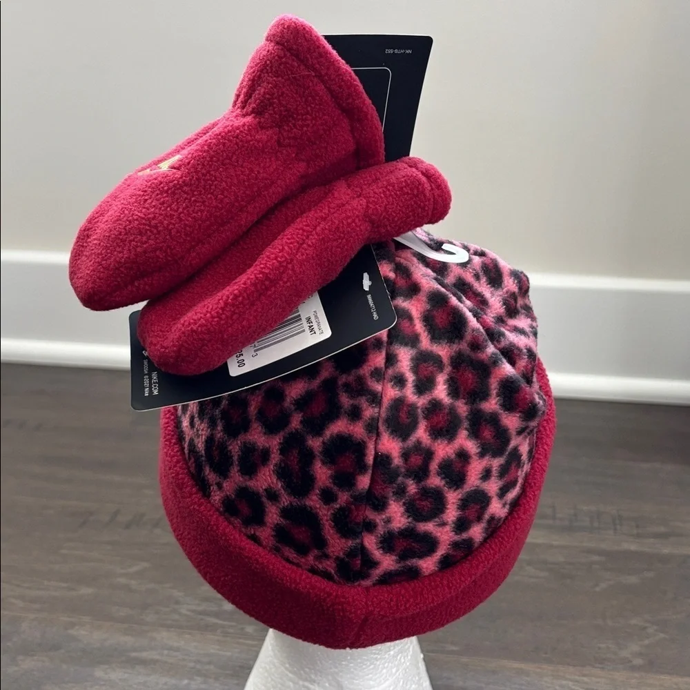 Nike Infant 2pc.Earflap Hat & Mittens, leopard print,gold logo,velcro chin